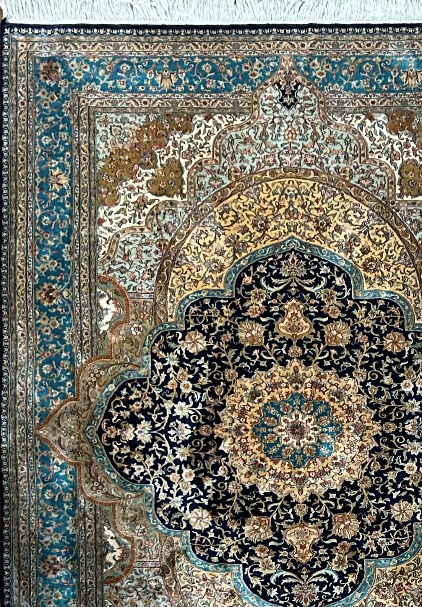 Hand-knotted Kashmir silk carpet